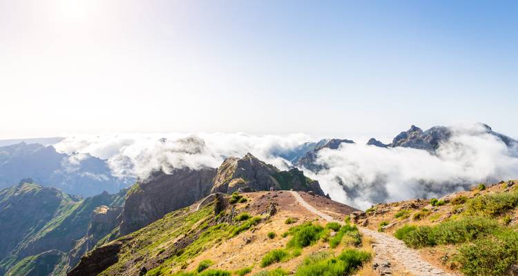 Bright landscape with a path leading into clouds over mountains.