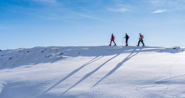 Trois randonneurs marchant sur une crête enneigée avec de longues ombres.