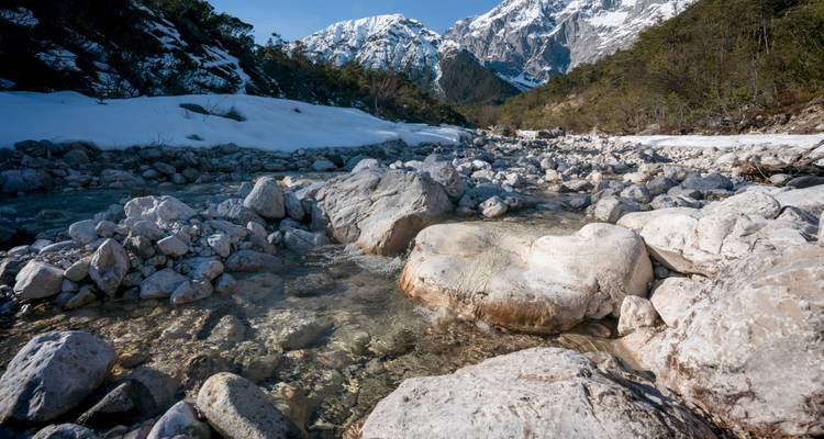 Río rocoso que corre a través de un bosque nevado con vista a la montaña.