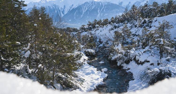 Paisaje nevado con un arroyo corriendo a través de bosques y montañas.
