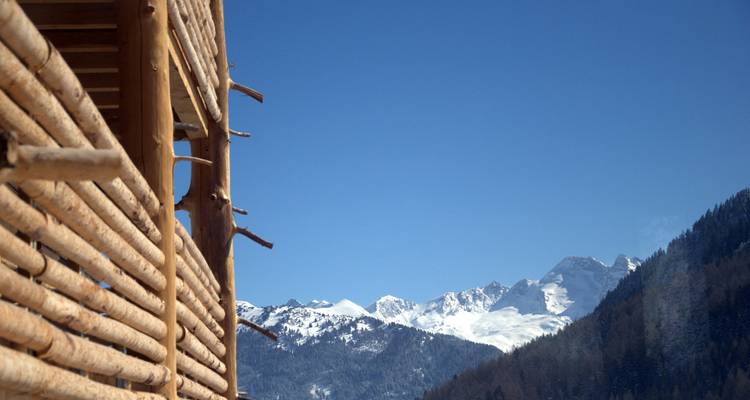 Vue de chalet en rondins face aux sommets enneigés.