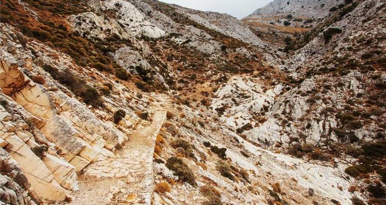 A rugged mountain path in a rocky landscape.