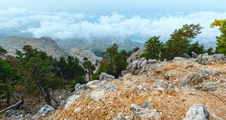 Bewölkter Bergblick mit felsigem Vordergrund.
