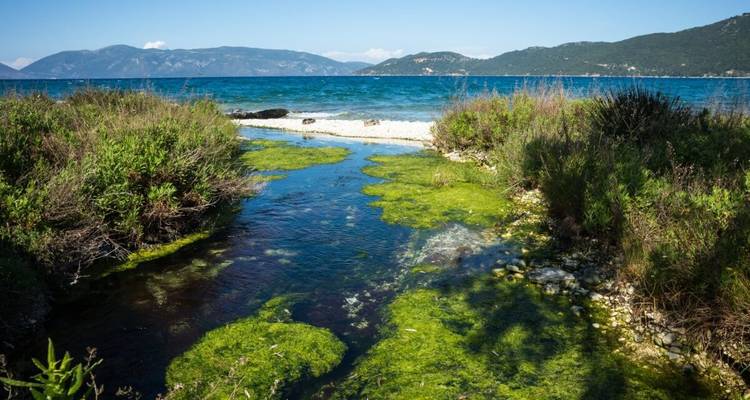Bach, der ins Meer fließt, mit Bergen im Hintergrund.