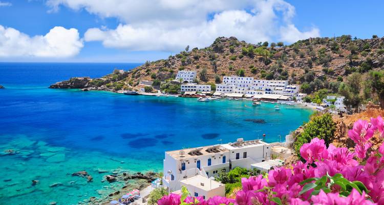 Picturesque coastal village with blue waters and blooming flowers.