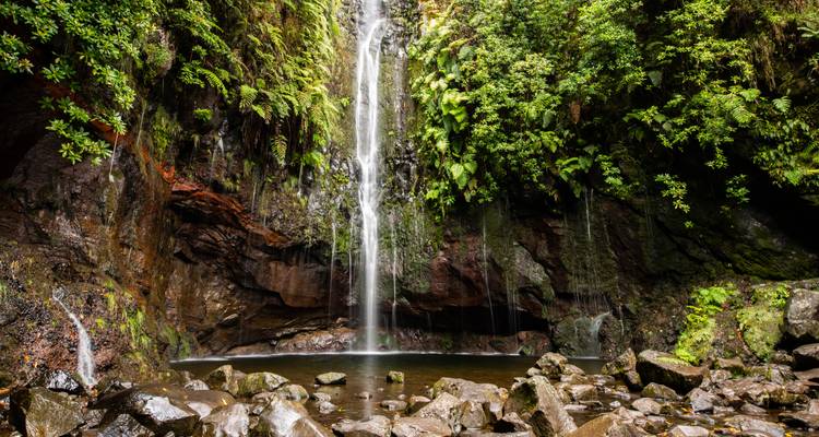 Sturzwasserfall in ein kleines Becken, umgeben von Felsen.