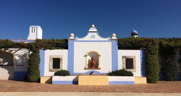 Charmantes Gebäude mit blauen und weißen Motiven in einem sonnigen Innenhof.