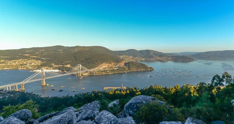 Vue panoramique de la baie et des collines avec un pont.