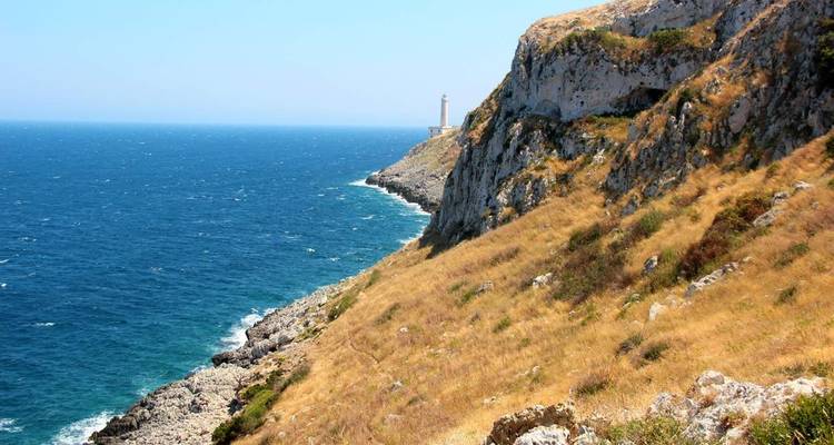 Falaise côtière avec un phare au loin et la mer.