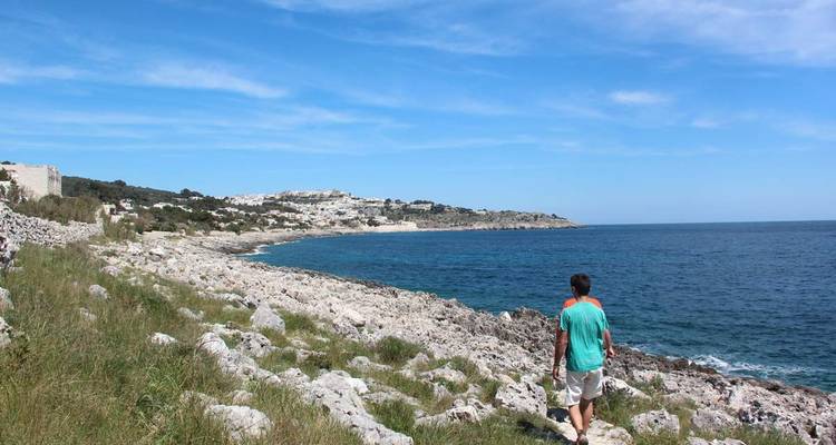 Personne marchant le long d'un littoral rocheux.