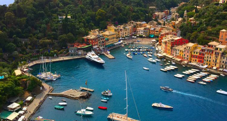 Vue aérienne d'un port de plaisance animé à Portofino.