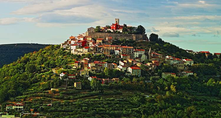 Hilltop town with numerous houses and greenery.