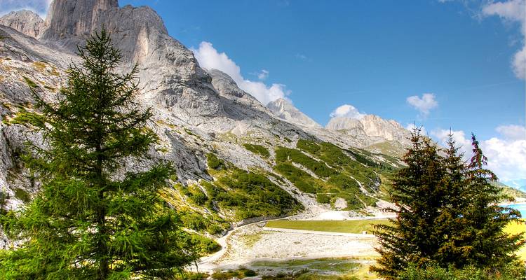 Steile Felshänge der Dolomiten, die sich über immergrüne Bäume unter einem klaren Himmel erheben.