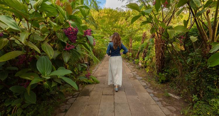 Mujer caminando por un sendero rodeado de exuberantes plantas tropicales.