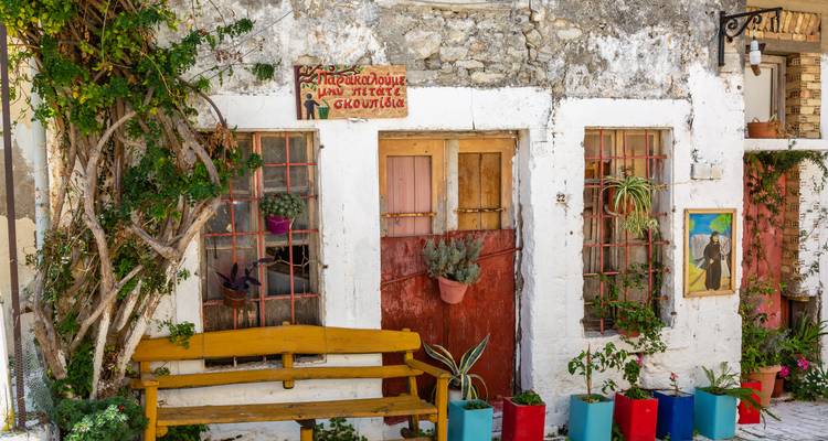 Une façade charmante avec des pots de fleurs colorés et des portes en bois.