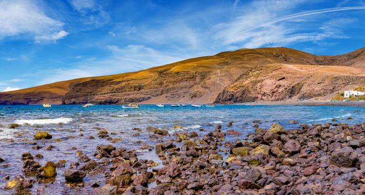 Vue côtière avec rivage rocheux et bateaux dans l'eau.
