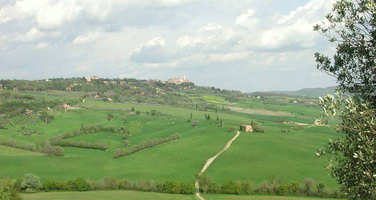 Vue panoramique sur des vallées verdoyantes et une ville lointaine.