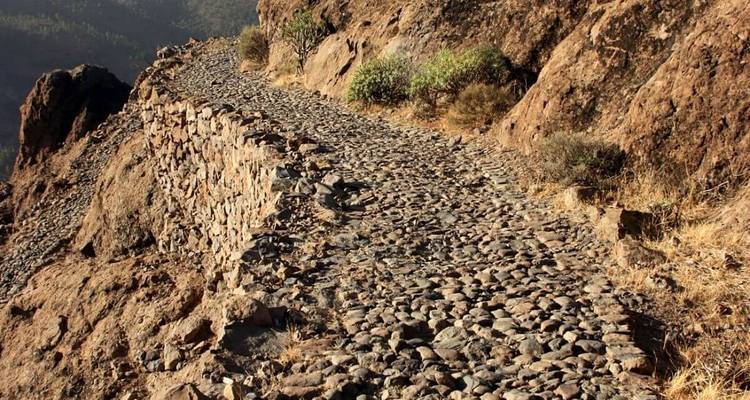 Gros plan d'un chemin pavé sur une surface rocheuse.