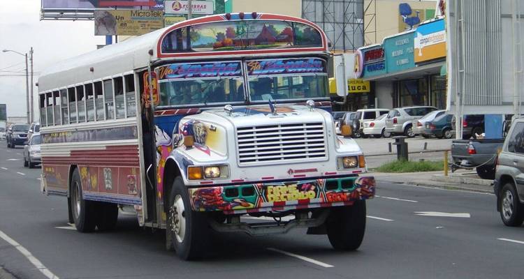 Colorful public bus on a city street.