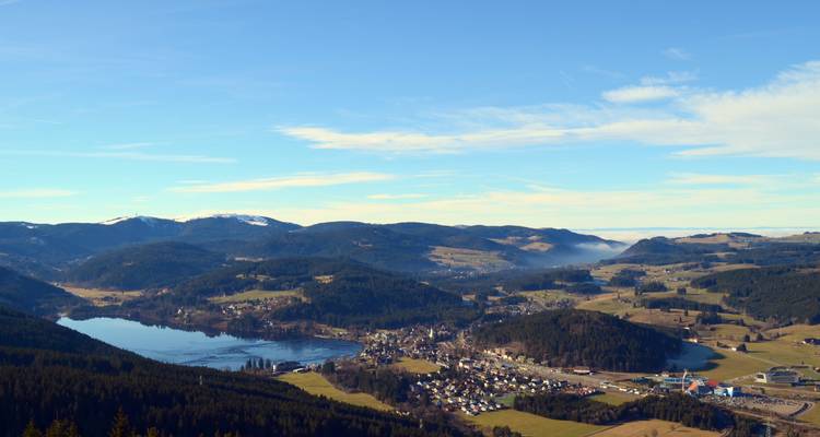 Vista panorámica de un lago rodeado de montañas y bosques.