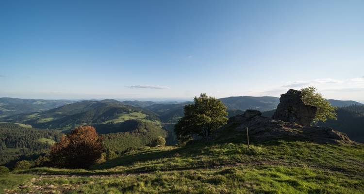 A scenic view of rolling hills and a rocky outcrop with lush greenery and clear blue sky.