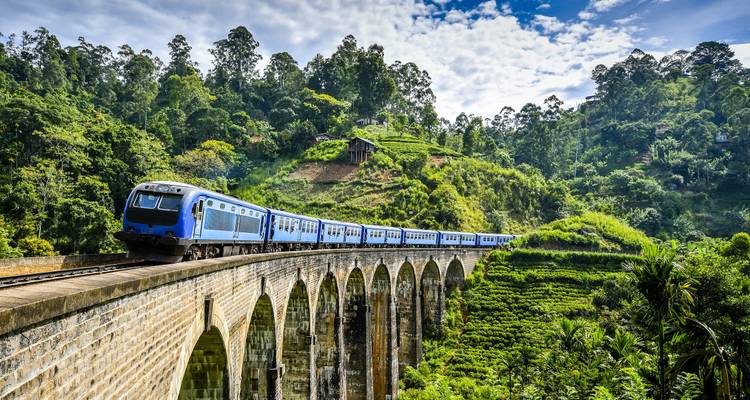 Un tren cruza un viaducto sobre colinas verdes exuberantes bajo un cielo azul brillante.
