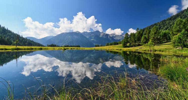 Spiegelglatter Alpensee, der den blauen Himmel, Wolken und bewaldete Hänge widerspiegelt.
