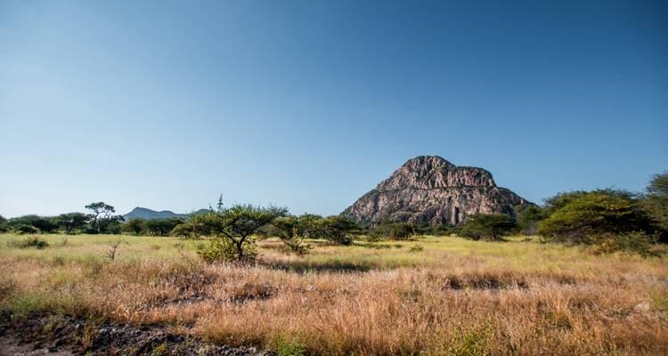 Colline rocheuse isolée s'élevant au-dessus d'une savane herbeuse ouverte sous un ciel bleu dégagé
