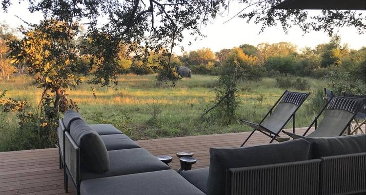Offene Holzterrasse mit moderner Außenbestuhlung mit Blick auf eine grasbewachsene Savanne, auf der sich in der Ferne ein Elefant bei Sonnenuntergangslicht weidet.