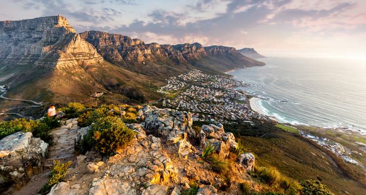 Panoramic view of Cape Town with Twelve Apostles mountain range and coastline.