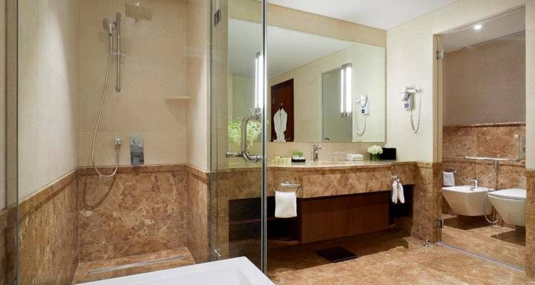 Baño espacioso con un espejo grande, ducha de cristal y decoración elegante.
