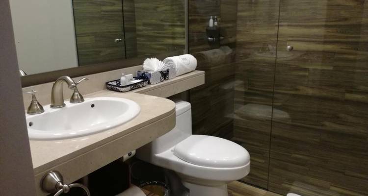 Badezimmer mit heller Holzvertäfelung und schlichtem Design.