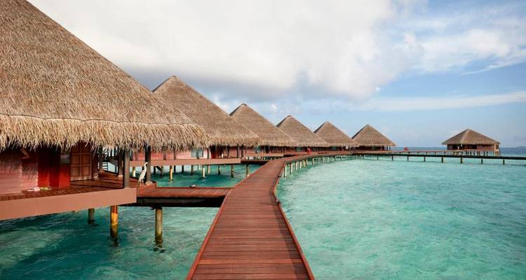 Overwater bungalows met rieten daken boven helder blauw water.
