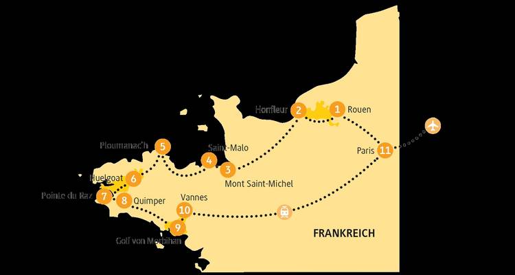 Detailed itinerary map of Brittany and Normandy with dotted travel route