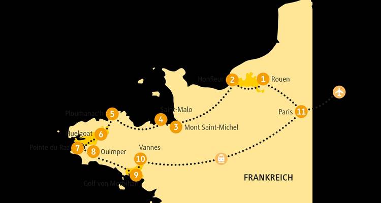 Travel route map of northern France highlighting key cities and points of interest