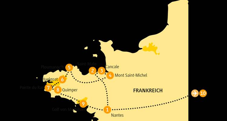 Map outlining a circular itinerary across Brittany in north-western France.
