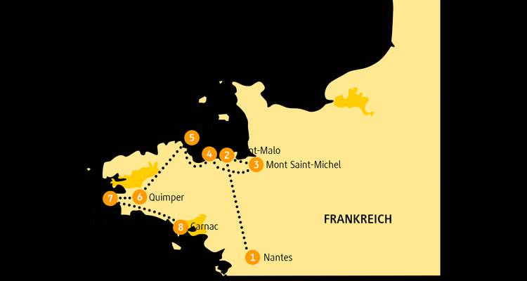 Simple yellow and black route map of Brittany and Normandy in France.