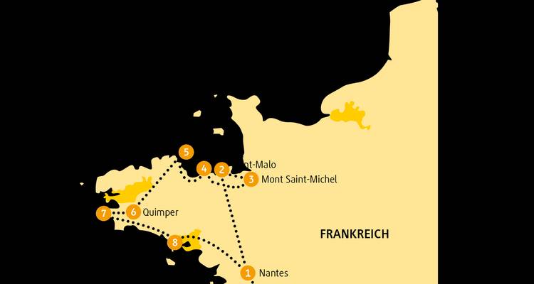 Itinerary map of Brittany and Normandy region of France with numbered stops and dotted travel lines.
