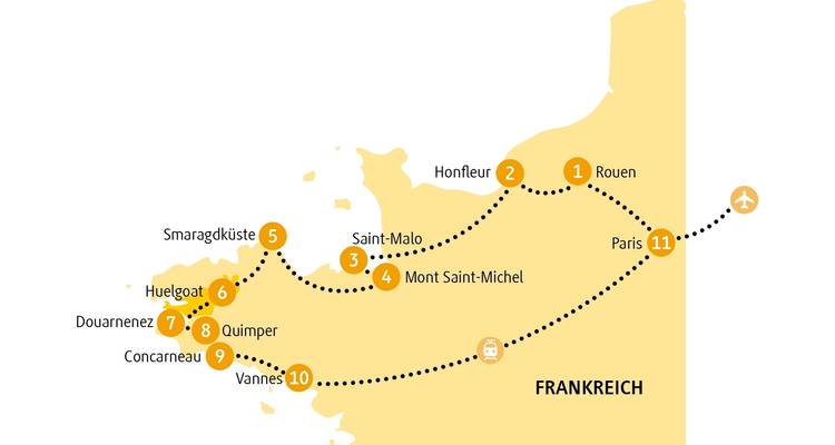 Route map of northern France highlighting stops from Rouen to Paris