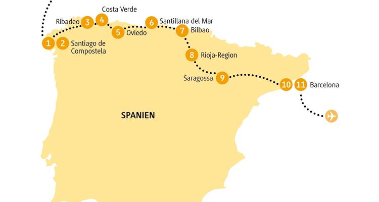 Karte, die eine Reiseroute durch verschiedene Städte in Spanien zeigt.