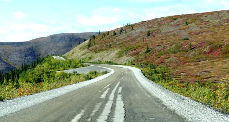 Route sinueuse à travers un terrain montagneux avec des arbres clairsemés.