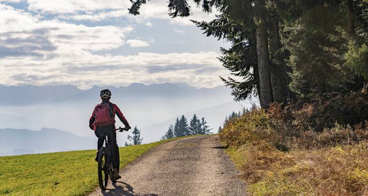 Ein Mountainbiker pausiert auf einem Schotterweg mit Blick auf neblige Alpengipfel unter einem teilweise bewölkten Himmel.