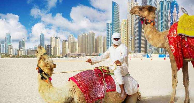Homme en robes blanches assis sur un chameau décoré avec l'horizon de gratte-ciels de Dubaï derrière une plage de sable.