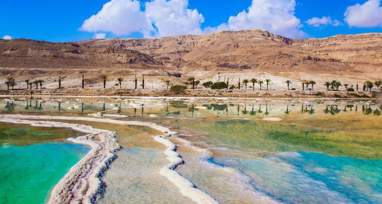 Vibrant salt formations and turquoise pools line the edge of the Dead Sea below barren tan mountains.