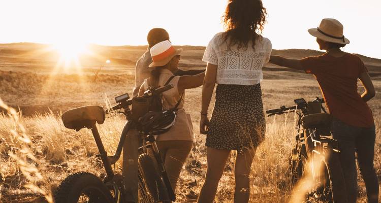 Three cyclists stop atop golden grasslands pointing toward the setting sun