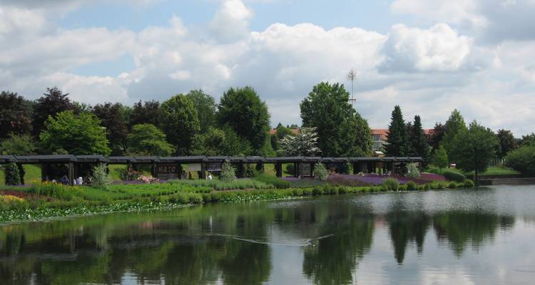Vue panoramique d'une rivière avec reflet de la verdure et des bâtiments en arrière-plan.
