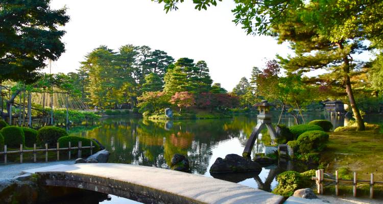 Rustige Japanse tuin met reflectievijver, gebogen stenen brug en verzorgde mosachtige struiken.