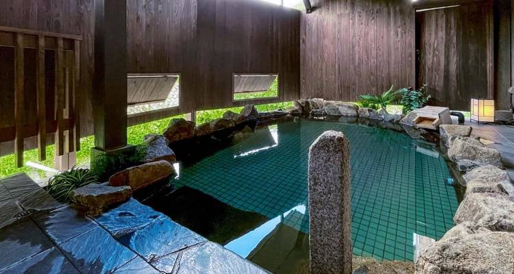 Onsen tradicional japonés con vista a la naturaleza.