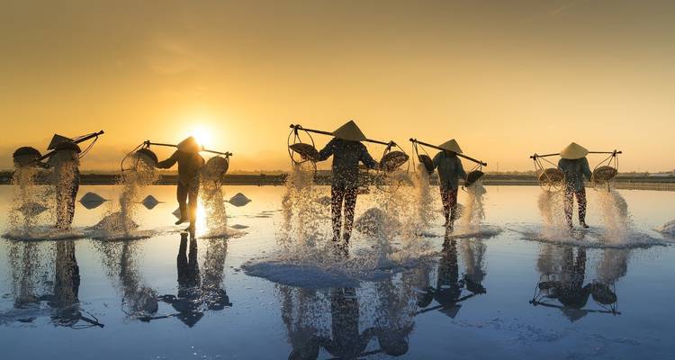 Silhouetten von Menschen, die mit Körben im seichten Wasser gegen einen Sonnenuntergang arbeiten.