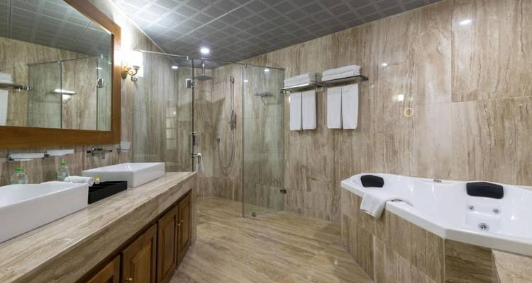 Ruime hotelbadkamer met moderne voorzieningen en neutrale tinten.